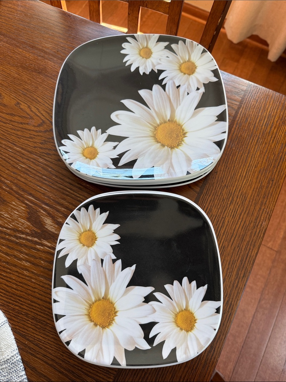 Set of 8 Daisy Print Square Plates - Black Background